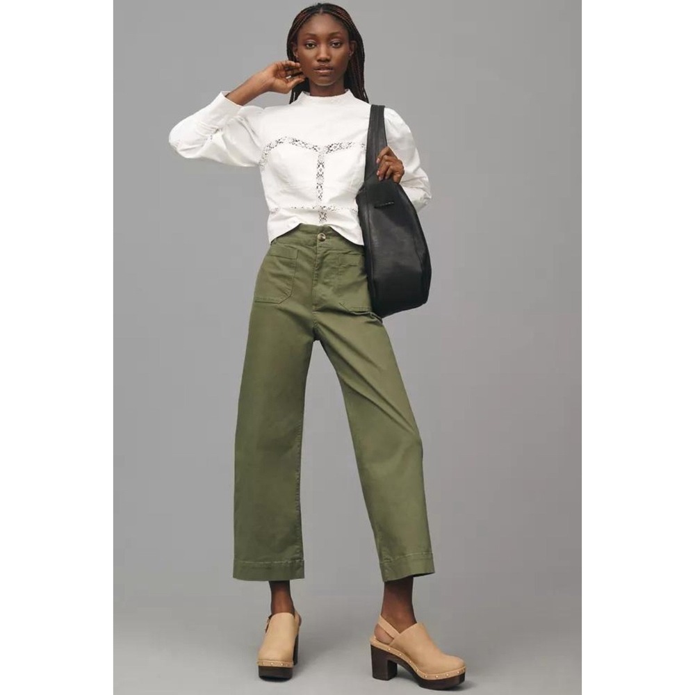 Maeve Anthropologie The Colette Wide Leg Pants Olive Green Linen Blend Size 31